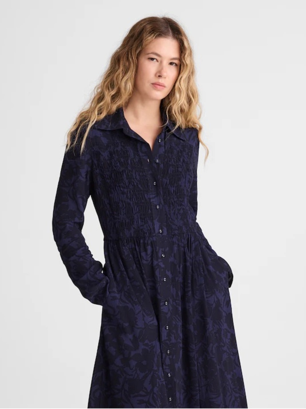 Madewell Smocked Midi Long Sleeve Shirtdress Alexis Dark Floral Navy sz 6 - Picture 5 of 13